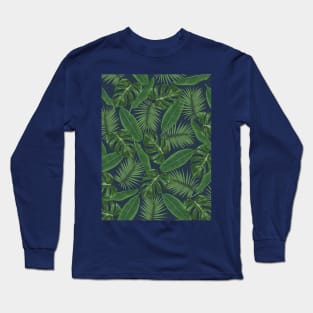 Tropical Green Leaves Pattern on Dark Blue Long Sleeve T-Shirt